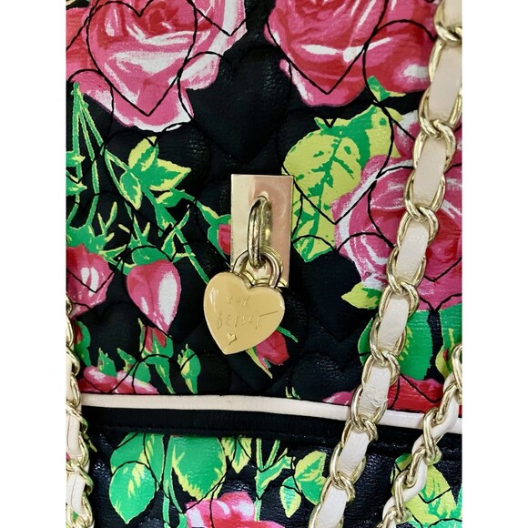 Betsey Johnson Shoulder Bag Roses Hearts Gold Chain Faux Leather Purse - Picture 2 of 7